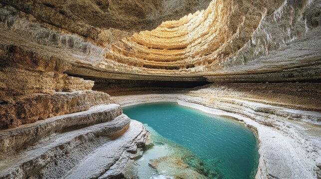 Sunlit desert sinkhole pool, Oman, geological formation, travel