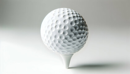 Golf A close-up of a white golf ball with dimples placed on a white tee, with the background entirely whi1