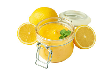 PNG, Lemon curd, lemon with cream in a glass, transparent jar, isolated on a white background.