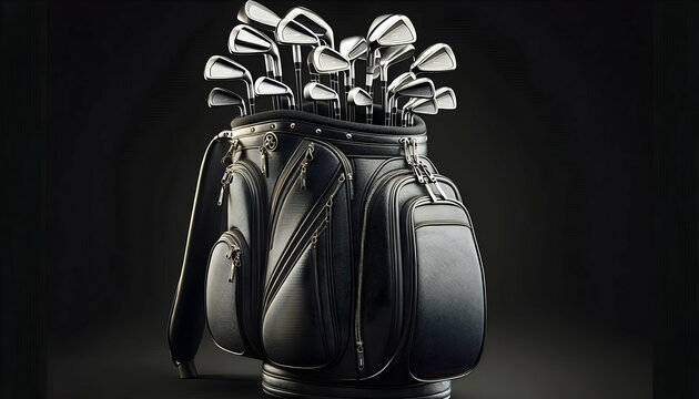 Golf A luxury black golf bag filled with metallic clubs The clubs are arranged neatly, with their shiny h4