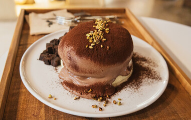 delicate japanese pancakes with chocolate sauce
