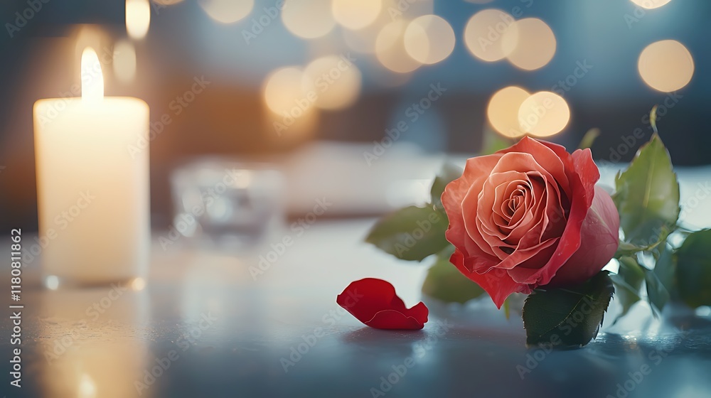 Poster romantic candlelight dinner setting with a glowing red rose centerpiece and soft lighting creating a