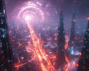 Fototapeta premium Sprawling Futuristic Sci Fi City with Neon Lit Towers and Suspended Roads Reaching into Swirling Purple Sky