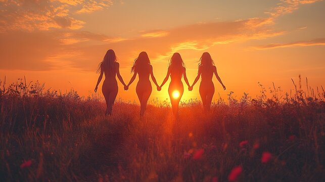 Silhouette of women holding hands at sunset, representing hope, connection, and support