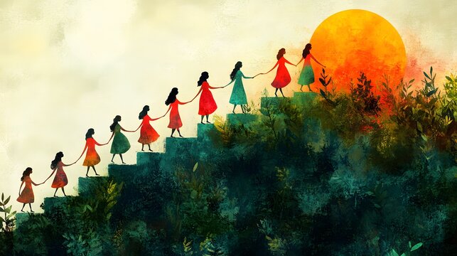 Artistic illustration of women helping each other climb steps, emphasizing growth and mutual aid