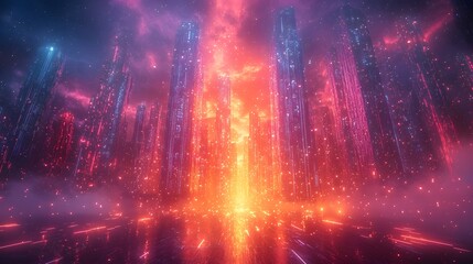 Obraz premium Futuristic Sci Fi City with Crystalline Skyscrapers and Neon Lit Streets in Vibrant Glow