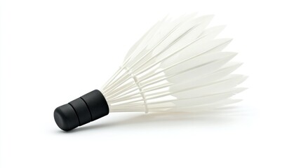 Traditional white 3D shuttlecock with a matte black rubber tip and sharp feather detailing, isolated on white.