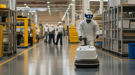 Obraz premium Prozessoptimierung mit autonomen KI Robotern FTS mit künstlicher Intelligenz im Lager und in der Produktionshalle mit echten Menschen in Interaktion Generative AI