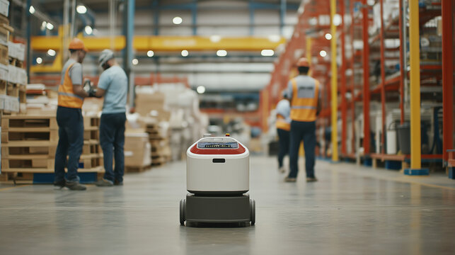 Prozessoptimierung mit autonomen KI Robotern FTS mit k&uuml;nstlicher Intelligenz im Lager und in der Produktionshalle mit echten Menschen in Interaktion Generative AI