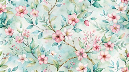 Fototapeta premium Delicate Watercolor Floral Branches with Soft Pink Blossoms and Lush Green Foliage