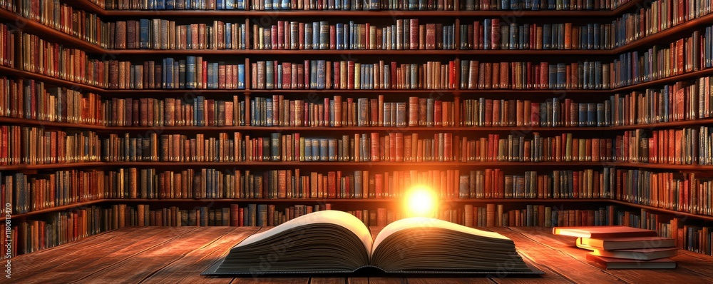 Poster an open book with a glowing light in a library filled with books.