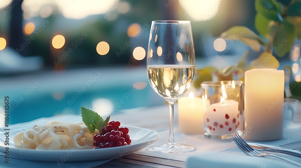Poster romantic candlelit dinner setup by a serene pool with soft lighting elegant tableware and luxurious 