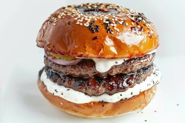 High Definition View of Spicy Bbq Beef Burger Isolated on White Background