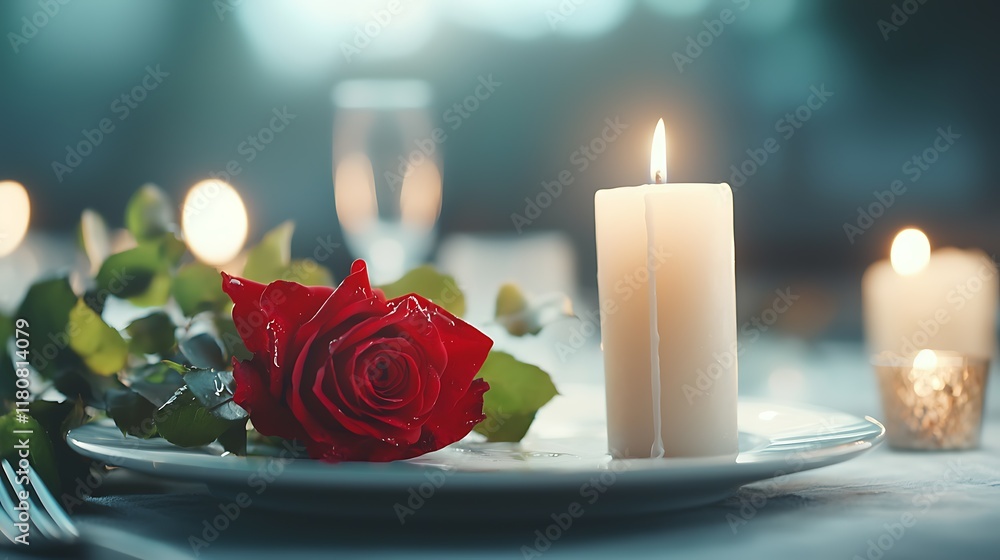 Poster romantic candlelit dinner table setting with a single red rose fine china glassware and silverware c