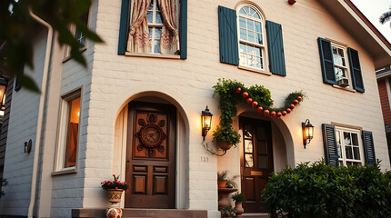 Fototapeta premium Two-Story Brick House with Arched Entryways and Garland