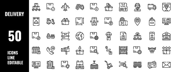 50 Delivery Icons Set Pack Line Editable Vector Illustration