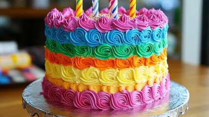 Birthday cake with colorful cream, delicious and attractive