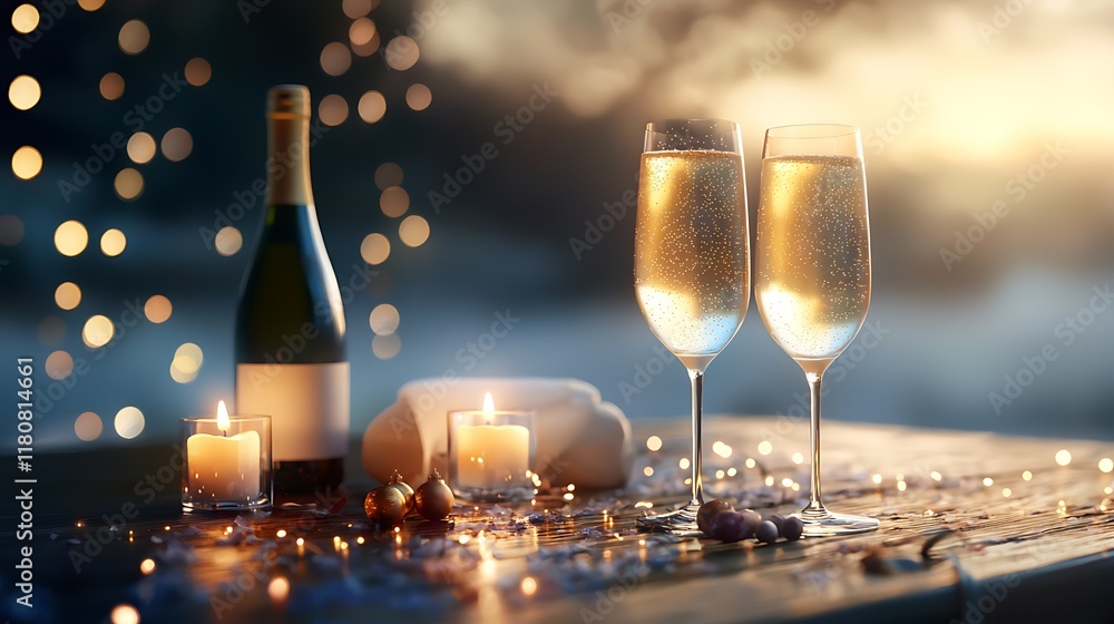 Aufkleber romantic candlelit table setting with sparkling wine and glowing candles creating an elegant and int
