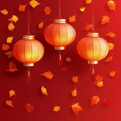glowing red lanterns hang against a rich red background, surrounded by floating autumn leaves, blending warmth and seasonal elegance.