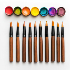 Naklejka premium Colorful watercolor paints and brushes arranged neatly