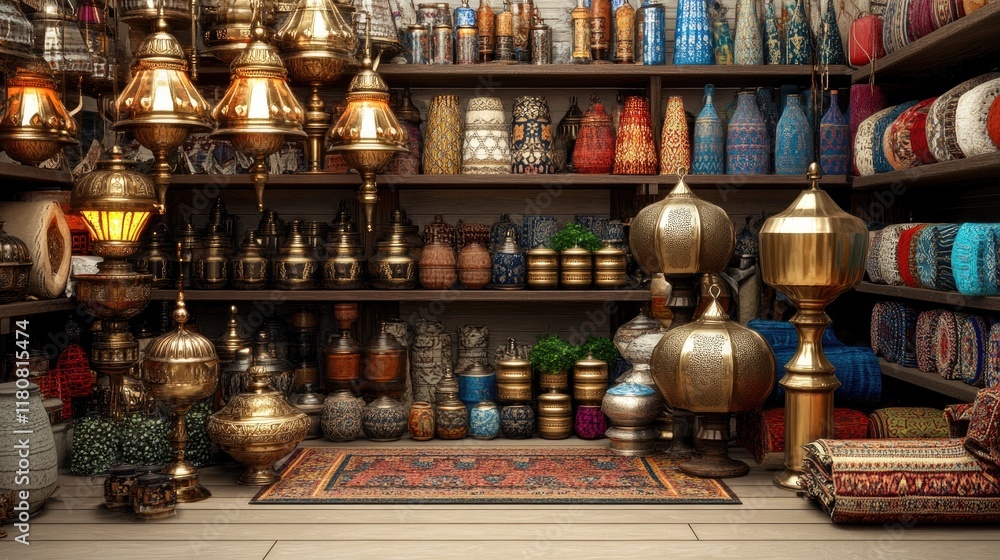 Poster a vibrant display of decorative items and artifacts in a shop setting.