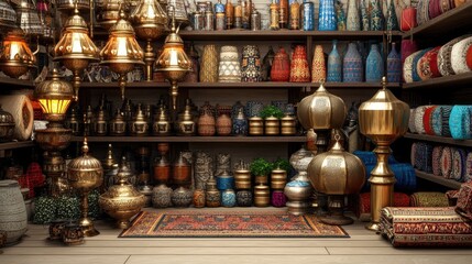 A vibrant display of decorative items and artifacts in a shop setting.