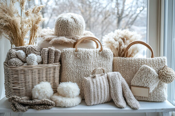Obraz premium Stylish display of knit and textured handbags with cozy winter hats and sweaters in a modern boutique