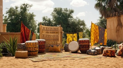 Naklejka premium A vibrant display of traditional drums, textiles, and flags in a sandy environment.