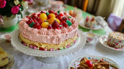 delicious birthday cake with chocolate and colorful cream, sweet, beautiful and pretty, pink, blue, lit candles