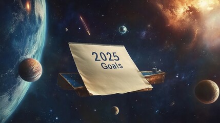 Visionary 2025 Goal Setting in Outer Space on a Floating Desk with Distant Stars