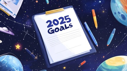 Visionary 2025 Goal Setting in Outer Space on a Floating Desk with Distant Stars