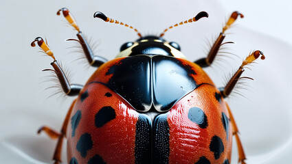 Close-up of a red and black ladybug with visible details of its body and legs against a white background.