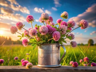 Summer Meadow Clover Bouquet, Pink Wildflowers in Metal Jar, Sky Background - Rustic Floral Photography