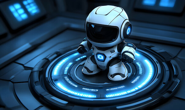 Adorable futuristic robot standing on a glowing platform, showcasing technological advancement and AI.