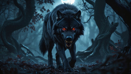 Black wolf with glowing eyes walking in a dark forest at night under the full moon. © Rindra