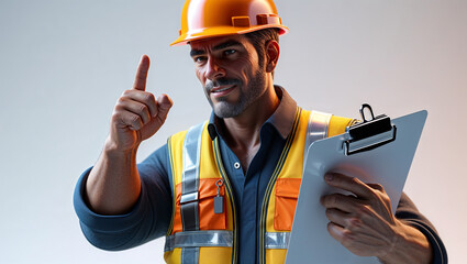 Confident construction worker holding clipboard, pointing up.