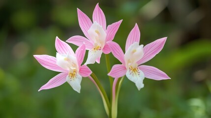 Pink orchids blooming, forest background, nature photography, floral design