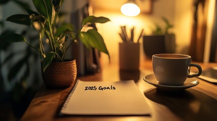 Cozy 2025 Goal Setting by the Fireplace with Elegant Ink Writing and Rustic Parchment