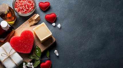 Romantic spa set including heart shaped soap red rose and aromatic bath salts arranged on a dark background for a cozy intimate and relaxing atmosphere  The image evokes feelings of self care luxury