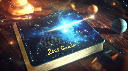 Visionary 2025 Goal Setting in Outer Space on a Floating Desk with Distant Stars