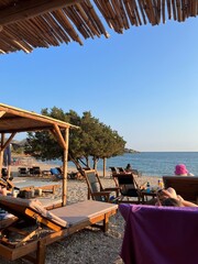 beach chairs and umbrellas