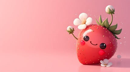 A cute smiling strawberry holding a kawaii flower in a 3D digital cartoon style, set against a pastel pink hand-drawn background with space for text.