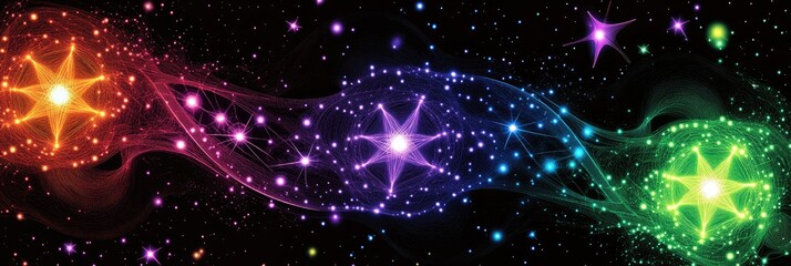 Obraz premium A vibrant cosmic scene with colorful stars and swirling patterns against a dark background.