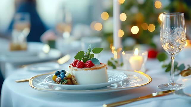 Romantic table setting with delicate china candles and a delightful dessert arrangement for a cozy holiday or intimate dinner party