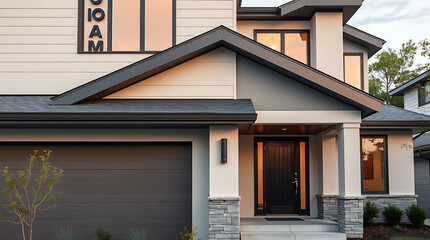 Fototapeta premium Modern two-story house with dark gray accents, light beige siding, dark gray garage door, and a dark front door. Stone accents are visible at the base of the entryway.