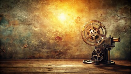 Fototapeta premium Vintage Movie Projector on Wooden Table Against Aged Wall