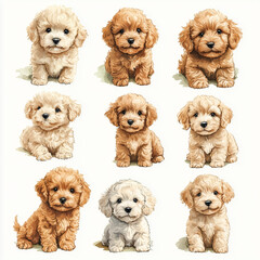 Assorted cute baby poodle retrievers, playful images, illustrated in realistic watercolor, separate elements.