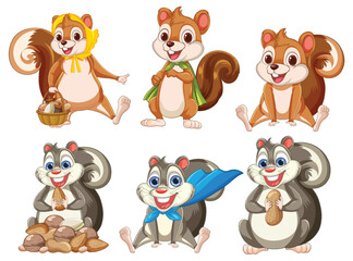 Fototapeta premium Cheerful Cartoon Squirrels with Accessories