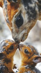 Fototapeta premium A tender moment between a parent and two young animals, showcasing affection and connection.