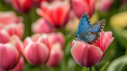 Blue butterfly on pink tulip, spring garden, blurred background, nature photography